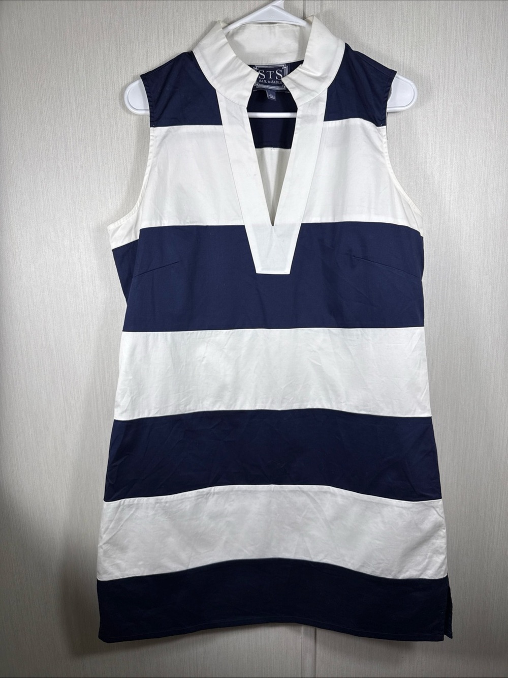 SAIL TO SABLE STS L Navy & White Striped Shift Mini Dress Nautical Resortwear